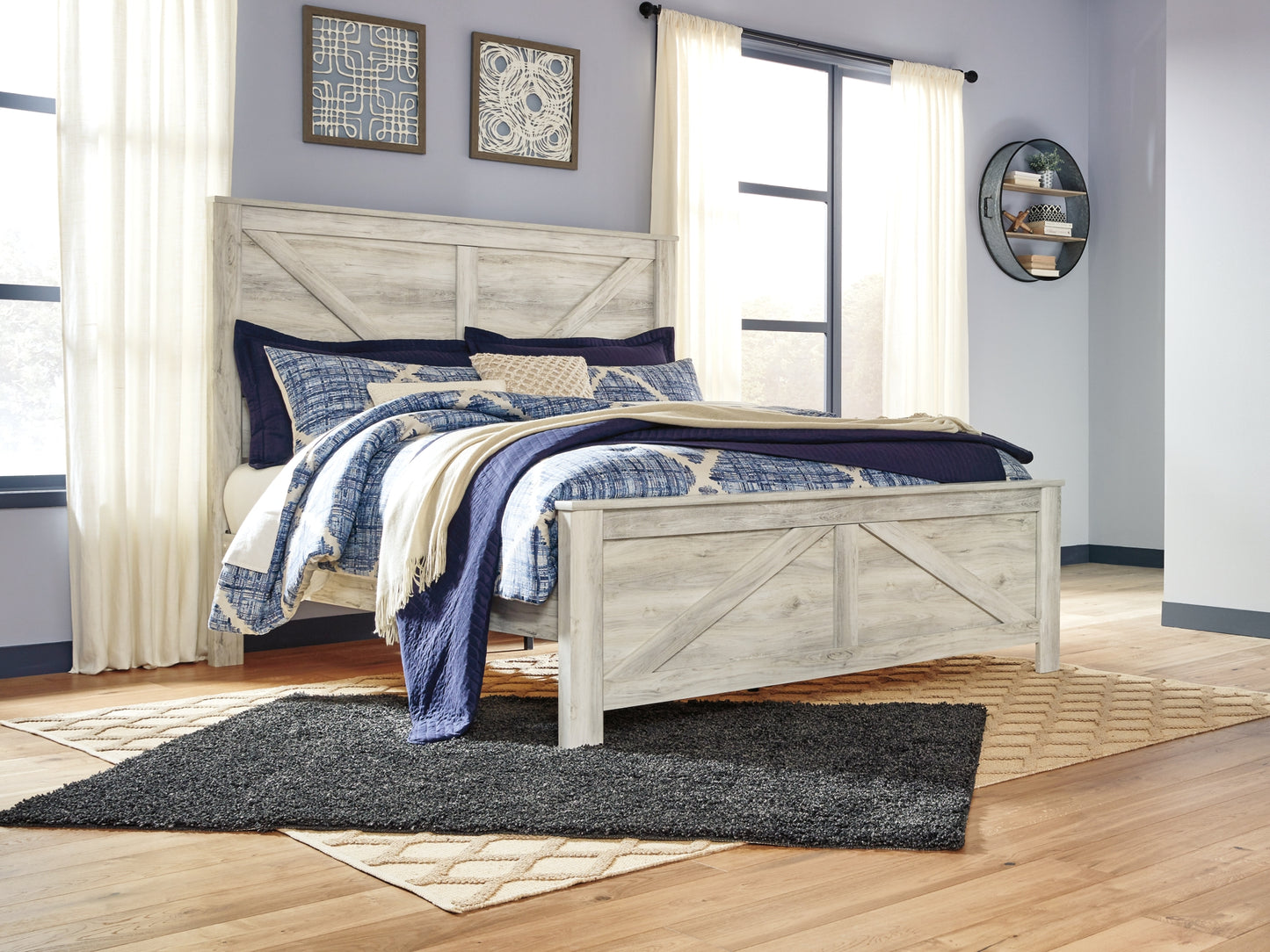Bellaby Crossbuck Panel Bed With Mirrored Dresser And Chest