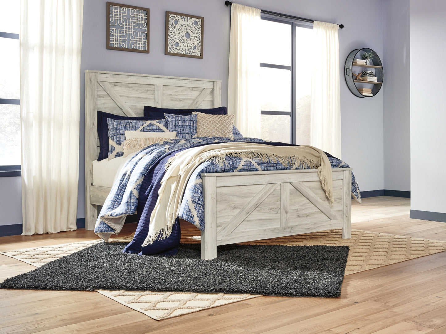 Bellaby Crossbuck Panel Bed With Mirrored Dresser And Chest