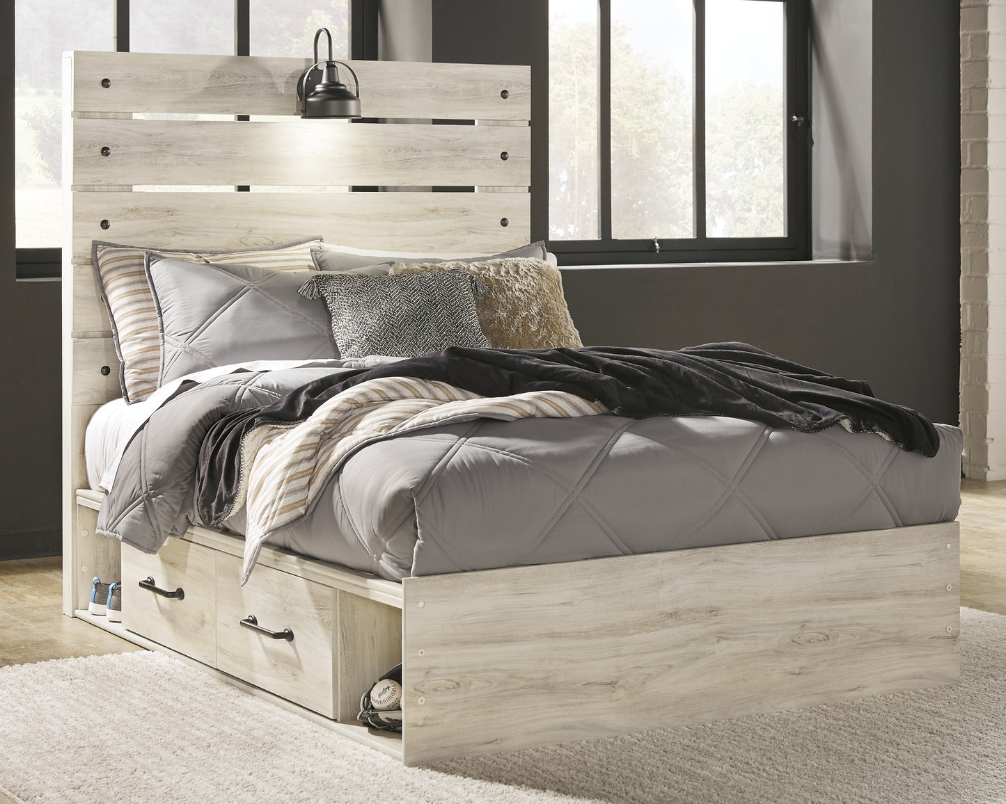 Cambeck Panel Bed With 4 Storage Drawers With Mirrored Dresser