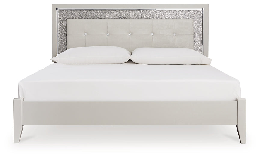 Zyniden King Upholstered Panel Bed with Mirrored Dresser and Chest