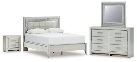 Zyniden Queen Upholstered Panel Bed with Mirrored Dresser and Nightstand