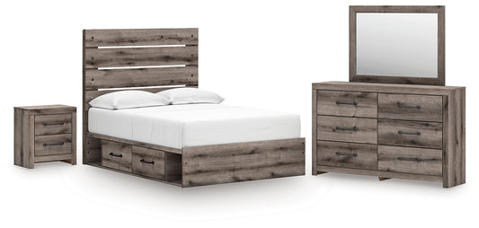 Graystorm Full Panel Bed with Storage with Mirrored Dresser and Nightstand