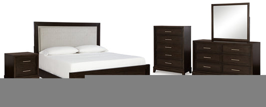 Neymorton California King Upholstered Panel Bed with Mirrored Dresser, Chest and Nightstand