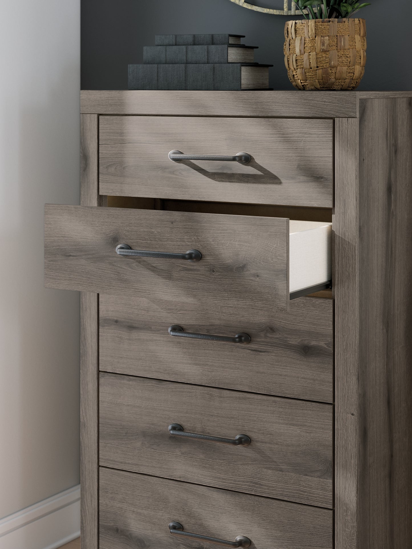 Graystorm Full Panel Bed with Mirrored Dresser and Chest