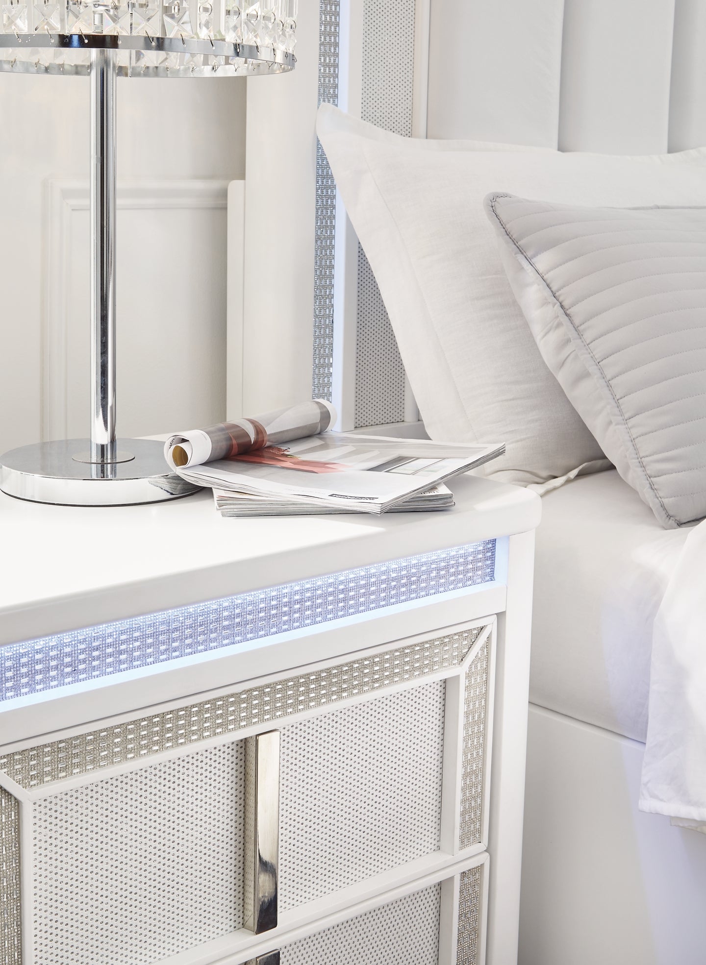 Chalanna King Upholstered Storage Bed with Mirrored Dresser and Nightstand