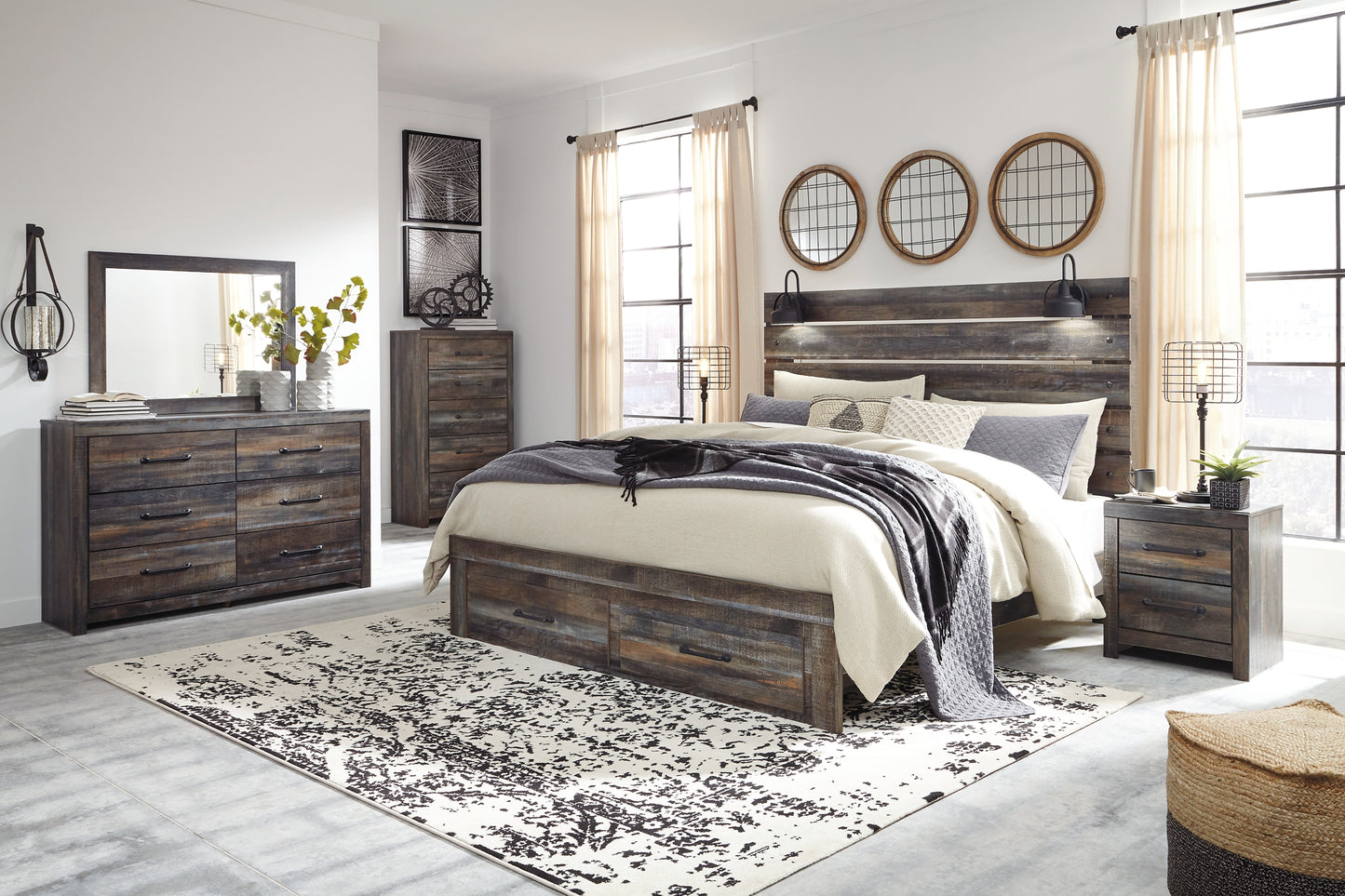 Drystan Queen Panel Bed with 2 Storage Drawers with Mirrored Dresser, Chest and Nightstand