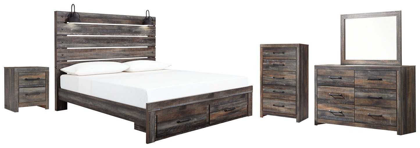 Drystan Queen Panel Bed with 2 Storage Drawers with Mirrored Dresser, Chest and Nightstand