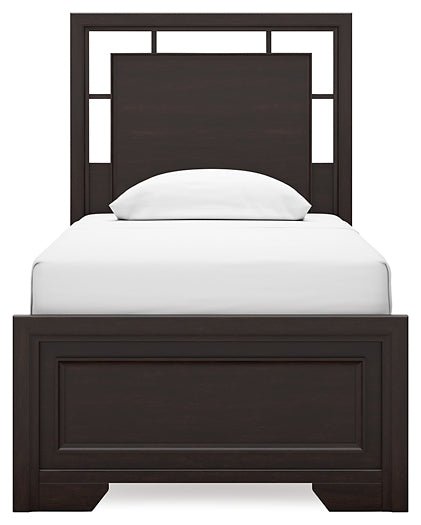 Covetown Twin Panel Bed with Mirrored Dresser, Chest and 2 Nightstands
