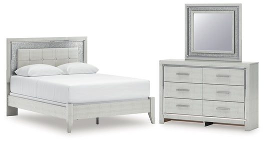 Zyniden Queen Upholstered Panel Bed with Mirrored Dresser