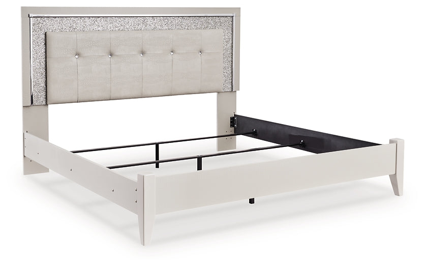 Zyniden King Upholstered Panel Bed with Mirrored Dresser, Chest and Nightstand