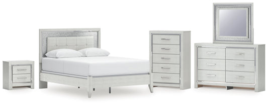 Zyniden Queen Upholstered Panel Bed with Mirrored Dresser, Chest and Nightstand