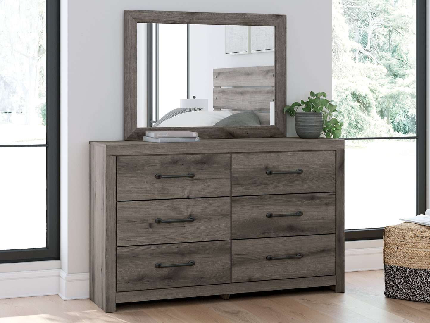 Graystorm Queen Panel Bed with Mirrored Dresser, Chest and Nightstand