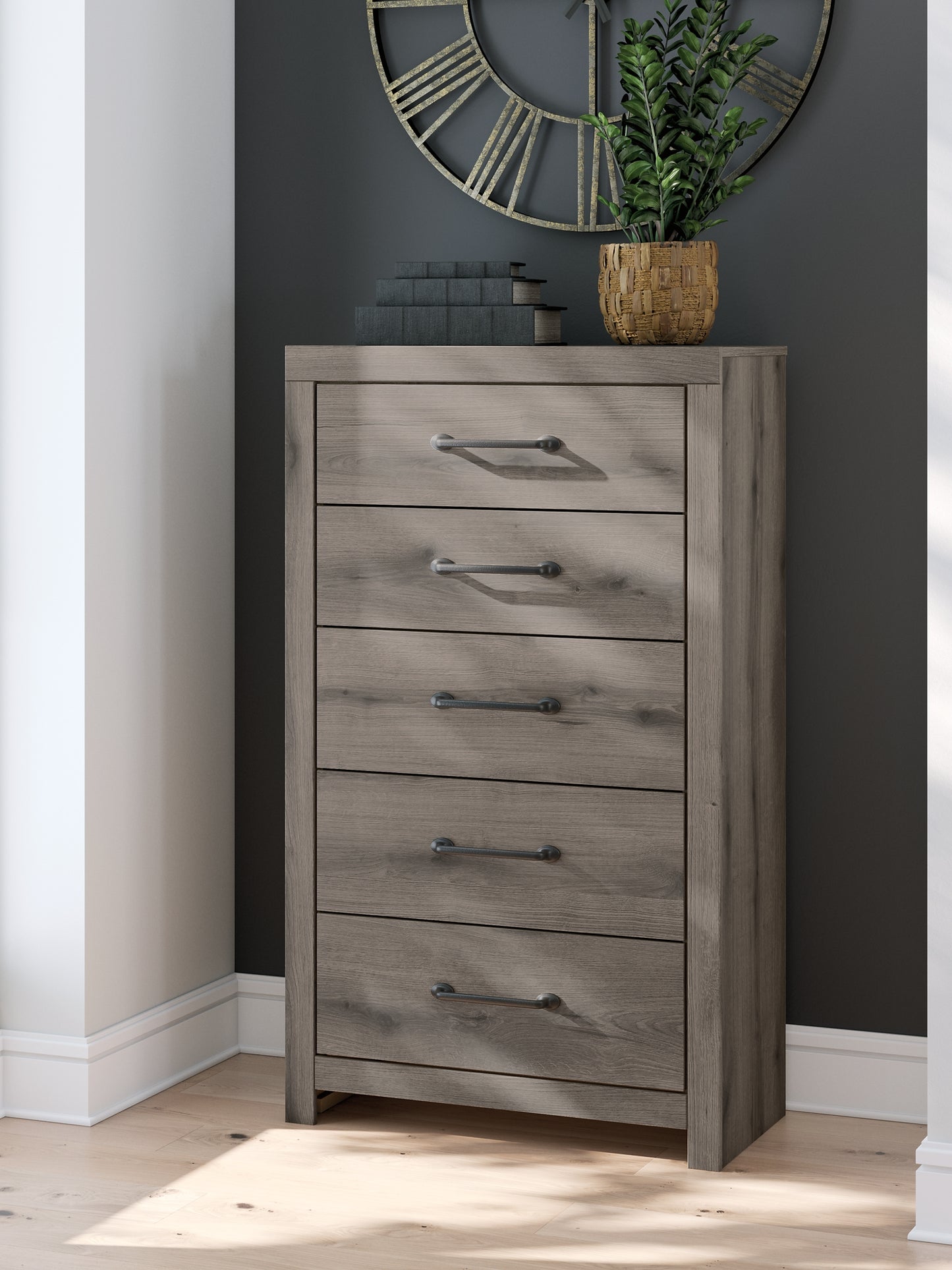 Graystorm King Panel Bed with Mirrored Dresser, Chest and Nightstand