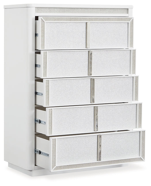 Chalanna California King Upholstered Storage Bed with Mirrored Dresser and Chest