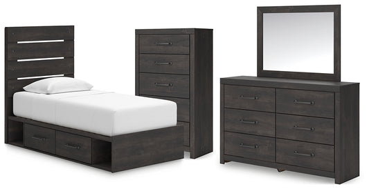 Hollivern Twin Panel Bed with Storage with Mirrored Dresser and Chest