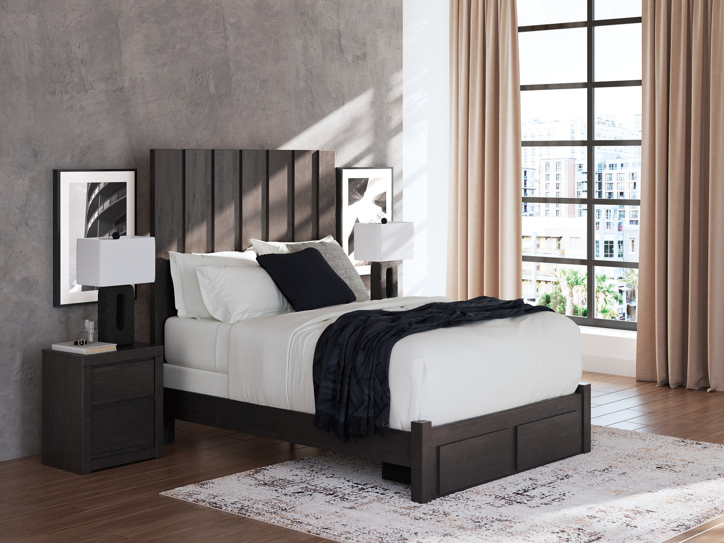 Queen Panel Storage Bed with Mirrored Dresser and Nightstand