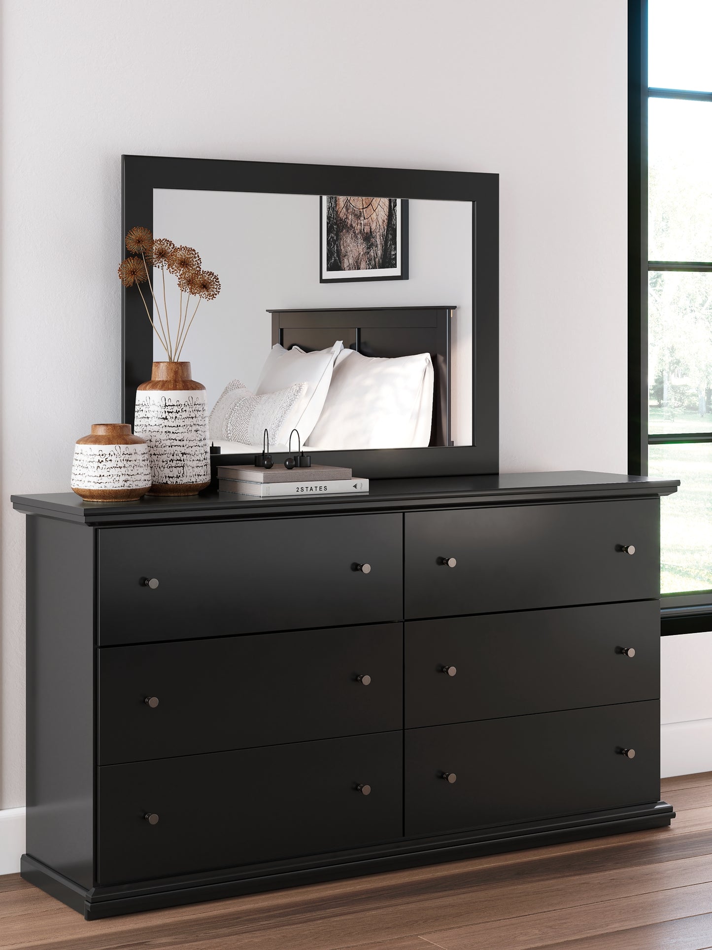 King Panel Bed with Mirrored Dresser