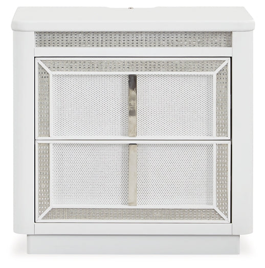 Chalanna King Upholstered Storage Bed with Mirrored Dresser and Nightstand