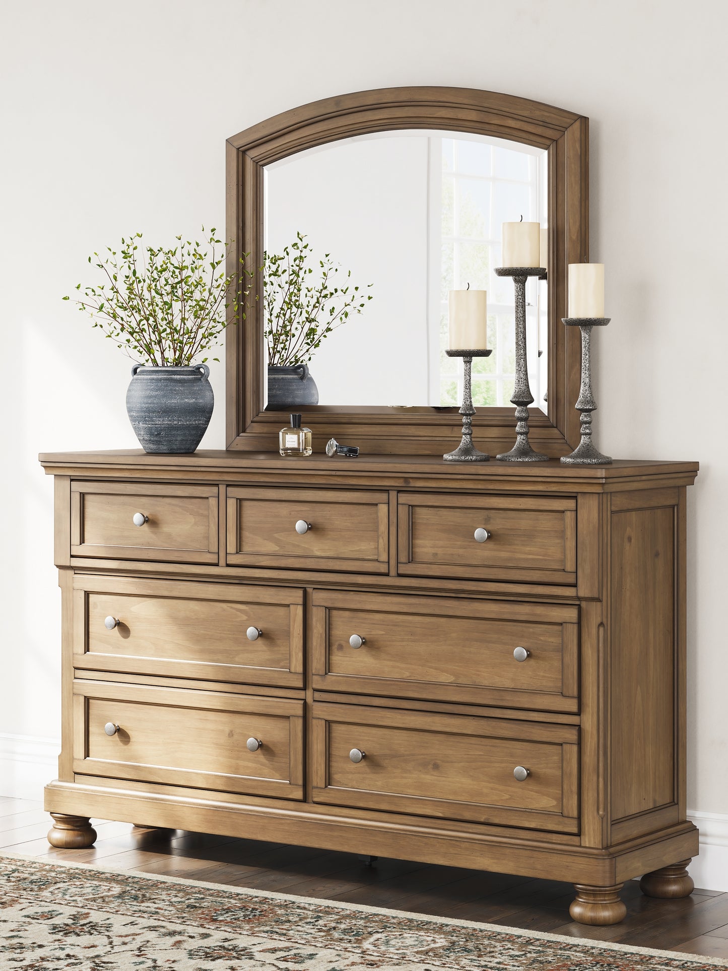 Feddinger California King Panel Bed with Mirrored Dresser and Nightstand