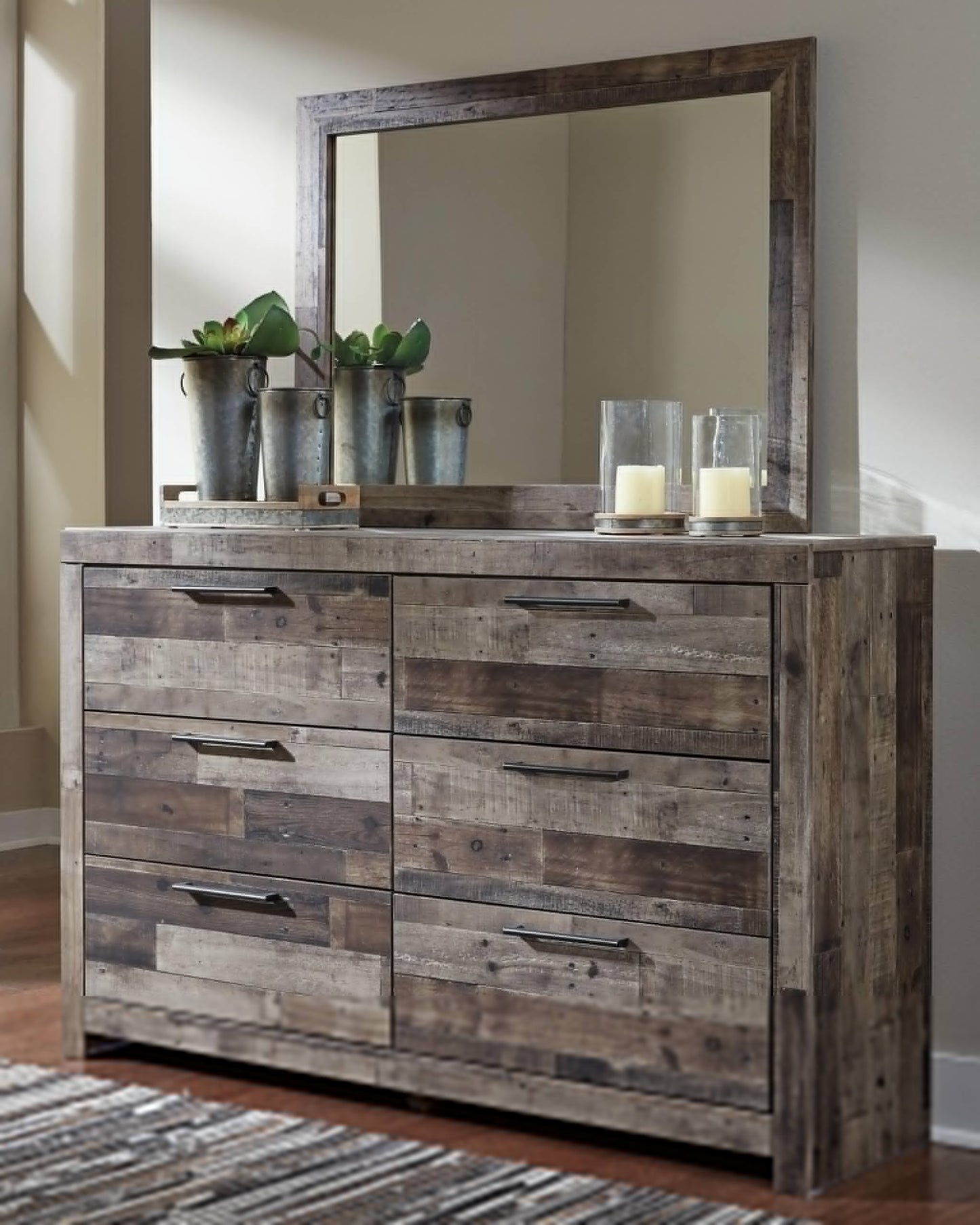 Derekson Full Panel Headboard Bed with Mirrored Dresser, Chest and Nightstand