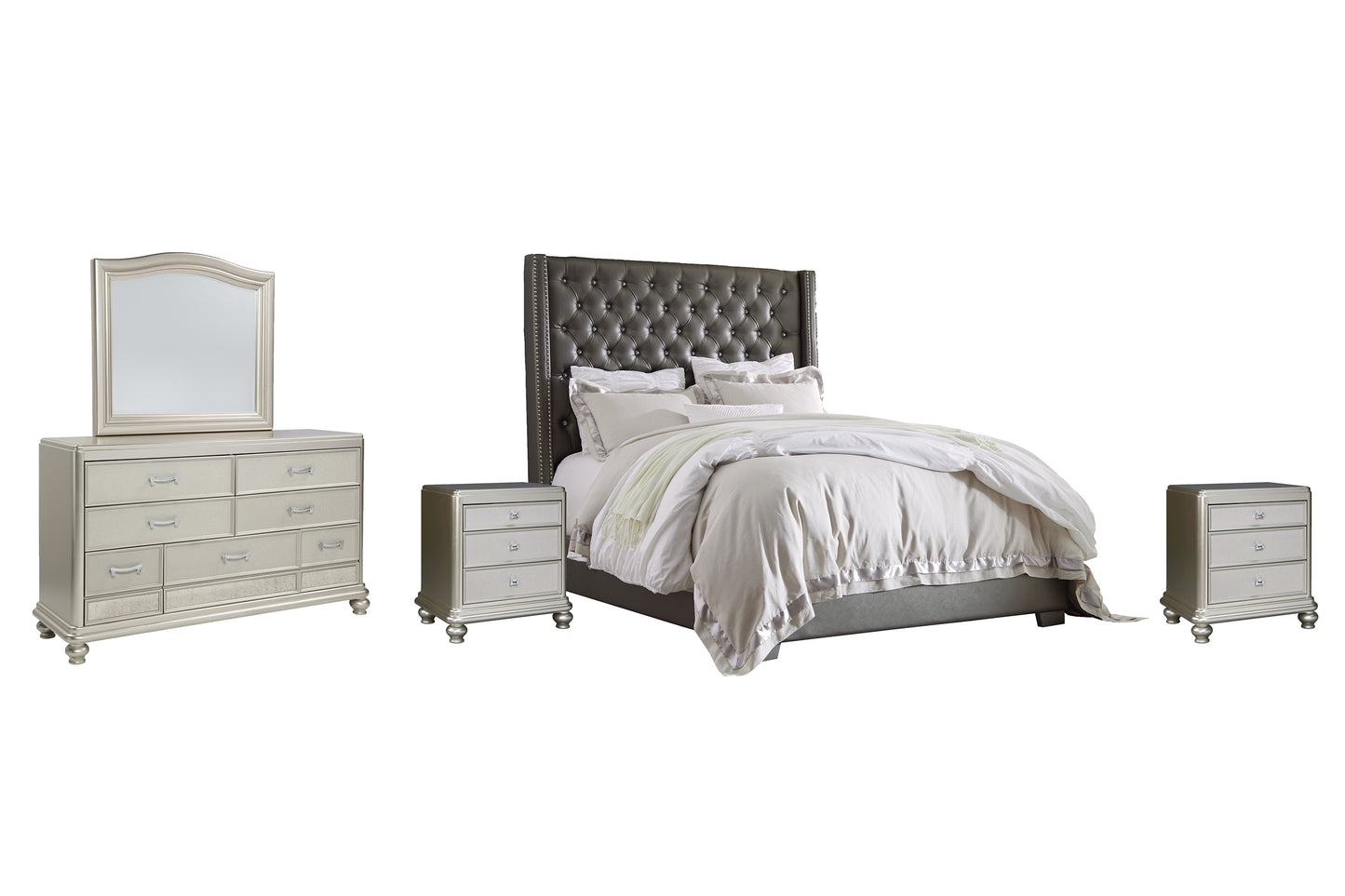 Coralayne King Upholstered Bed with Mirrored Dresser and 2 Nightstands