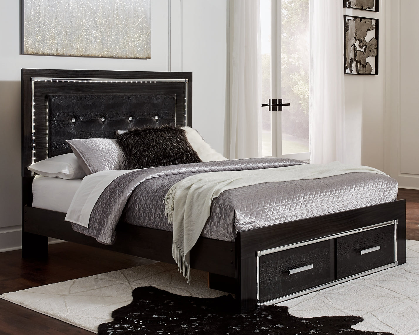 Kaydell Queen Panel Bed with Storage with Mirrored Dresser and 2 Nightstands