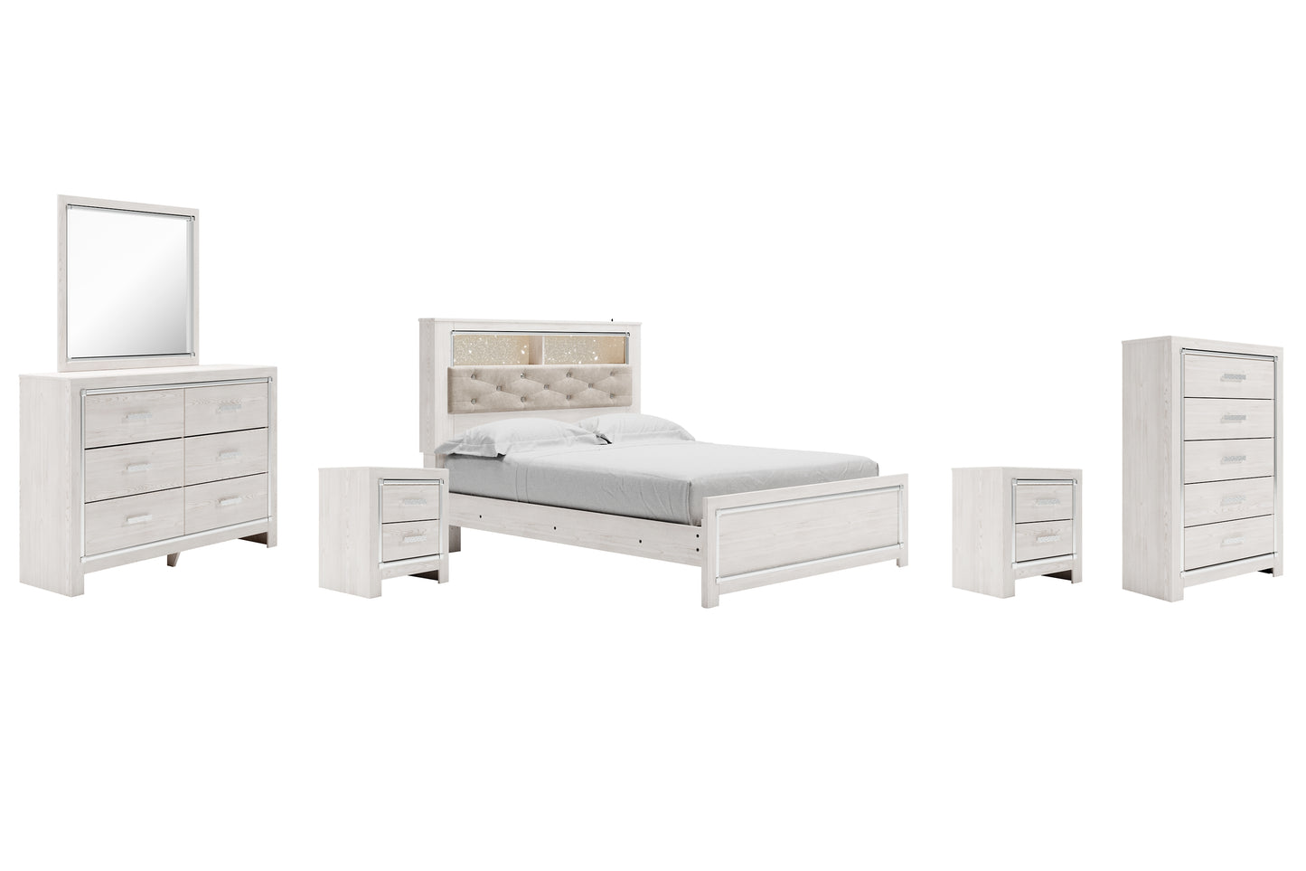 Altyra Queen Panel Bookcase Bed with Mirrored Dresser, Chest and 2 Nightstands
