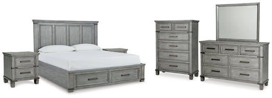 Russelyn California King Storage Bed with Mirrored Dresser, Chest and 2 Nightstands